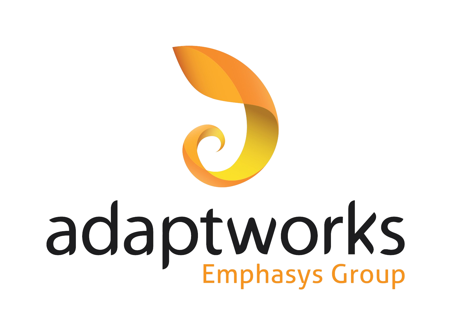 Logo da Adaptworks, empresa do Emphasys Group, com uma folha estilizada em laranja e amarelo e o nome da empresa escrito em letras minúsculas.